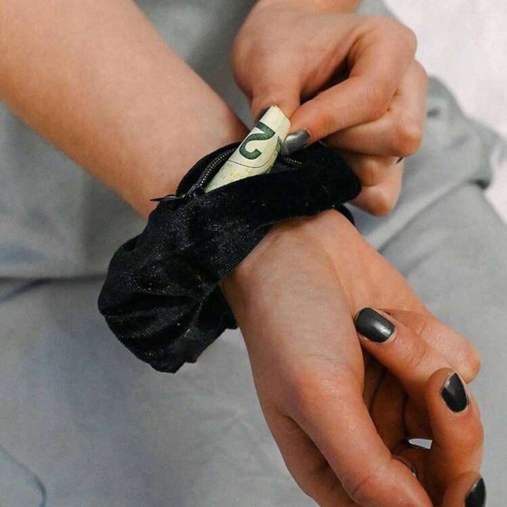 Super Soft Secret Hideaway Scrunchie Zippered Wrist “Pocket”Wallet (Black)